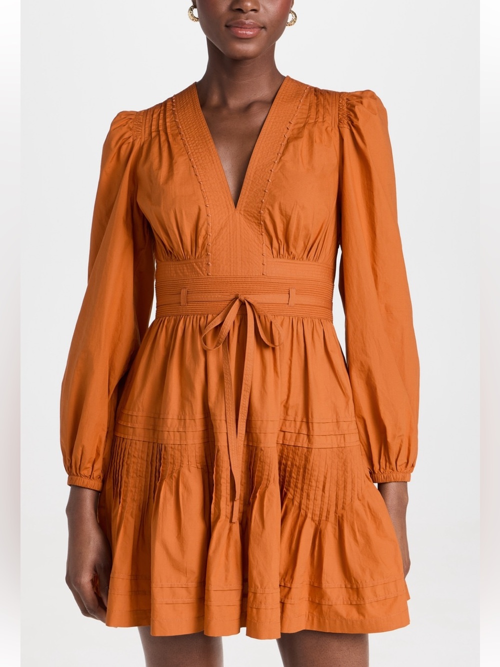 Ulla Johnson Burnt Orange V-Neck Long-Sleeve Mini Dress